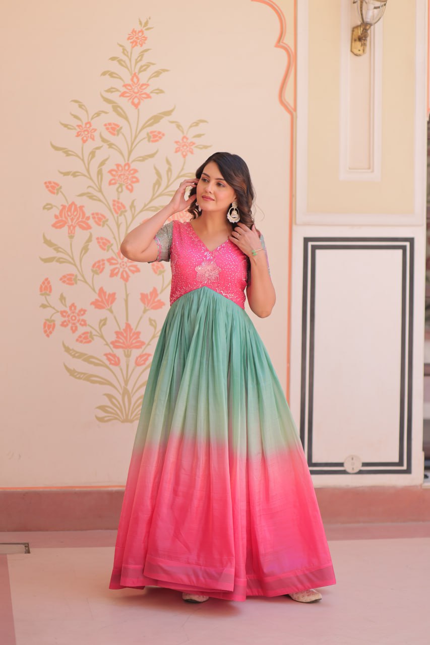 Women's Dual-Tone Ombre Gown in Candy Pink & Aqua Green with Embroidered Bodice – Festive & Contemporary Wear