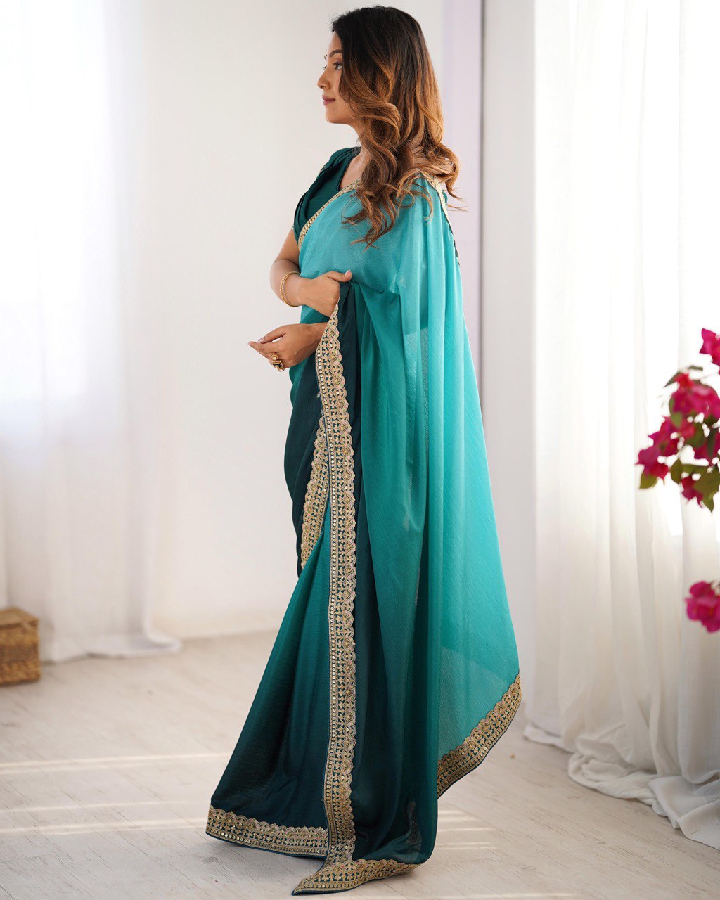 Women's Elegant Ombre Green Georgette Saree with Intricate Golden Zari & Stone Embellishments – Complete with Heavily Worked Blouse for Festive & Wedding Wear