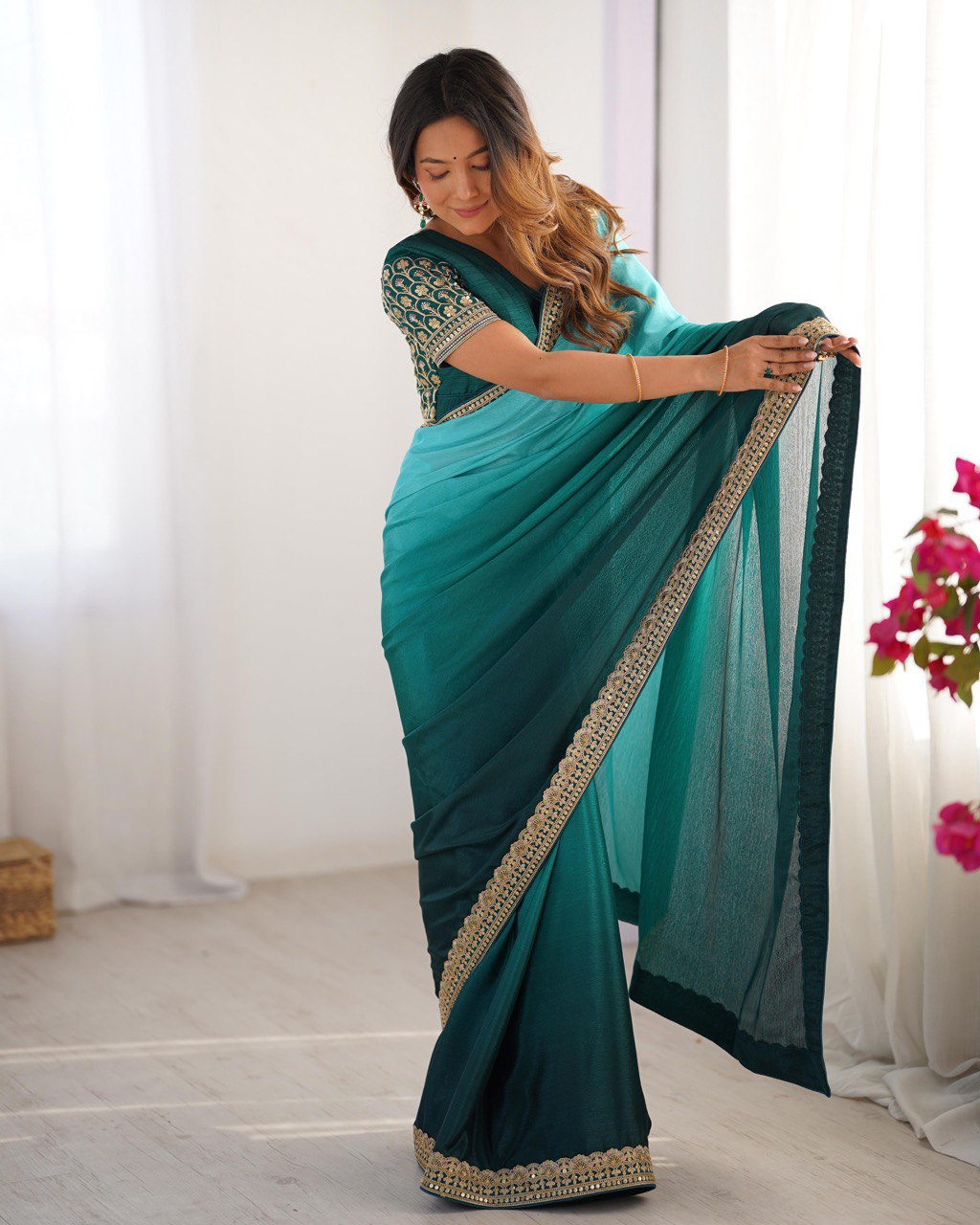 Women's Elegant Ombre Green Georgette Saree with Intricate Golden Zari & Stone Embellishments – Complete with Heavily Worked Blouse for Festive & Wedding Wear