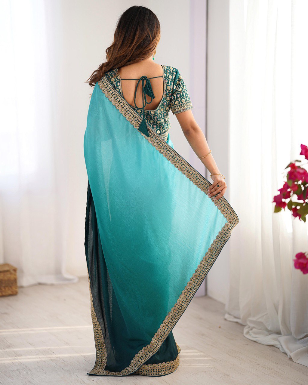 Women's Elegant Ombre Green Georgette Saree with Intricate Golden Zari & Stone Embellishments – Complete with Heavily Worked Blouse for Festive & Wedding Wear