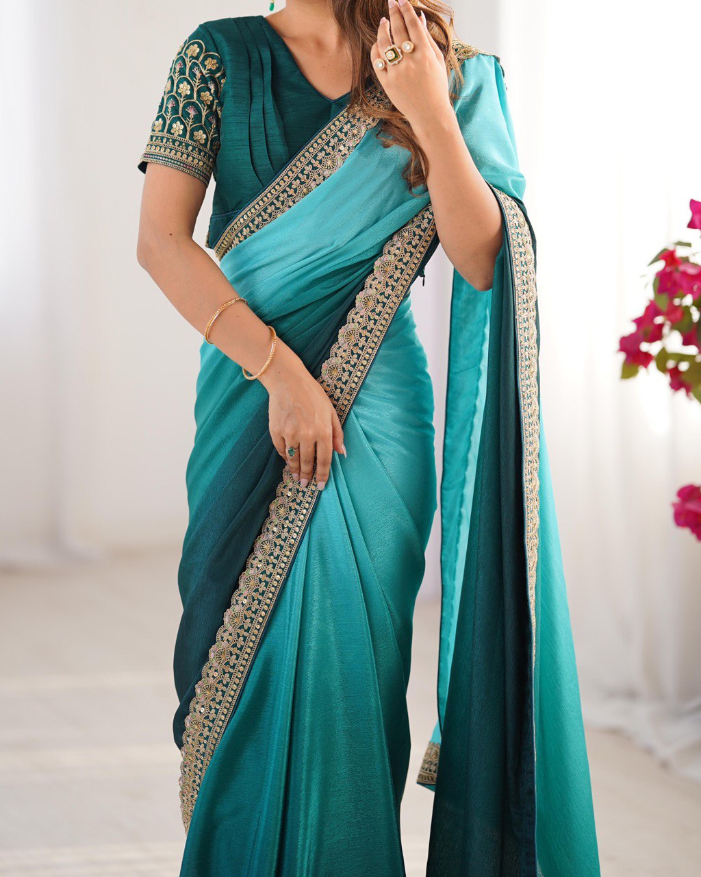 Women's Elegant Ombre Green Georgette Saree with Intricate Golden Zari & Stone Embellishments – Complete with Heavily Worked Blouse for Festive & Wedding Wear