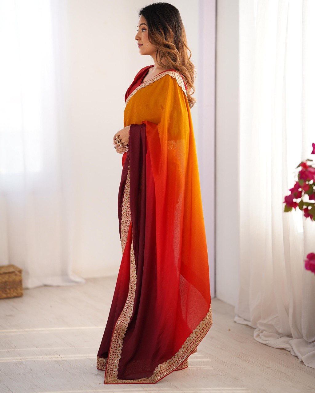Women's Elegant Ombre Green Georgette Saree with Intricate Golden Zari & Stone Embellishments – Complete with Heavily Worked Blouse for Festive & Wedding Wear