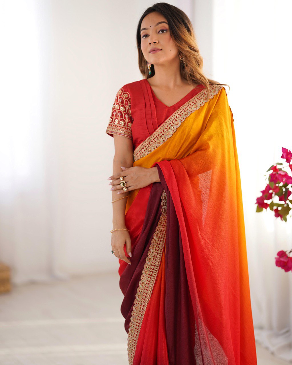 Women's Elegant Ombre Green Georgette Saree with Intricate Golden Zari & Stone Embellishments – Complete with Heavily Worked Blouse for Festive & Wedding Wear