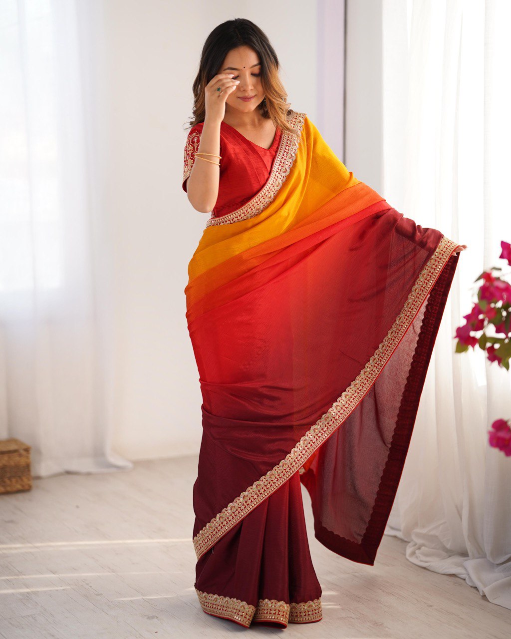 Women's Elegant Ombre Green Georgette Saree with Intricate Golden Zari & Stone Embellishments – Complete with Heavily Worked Blouse for Festive & Wedding Wear
