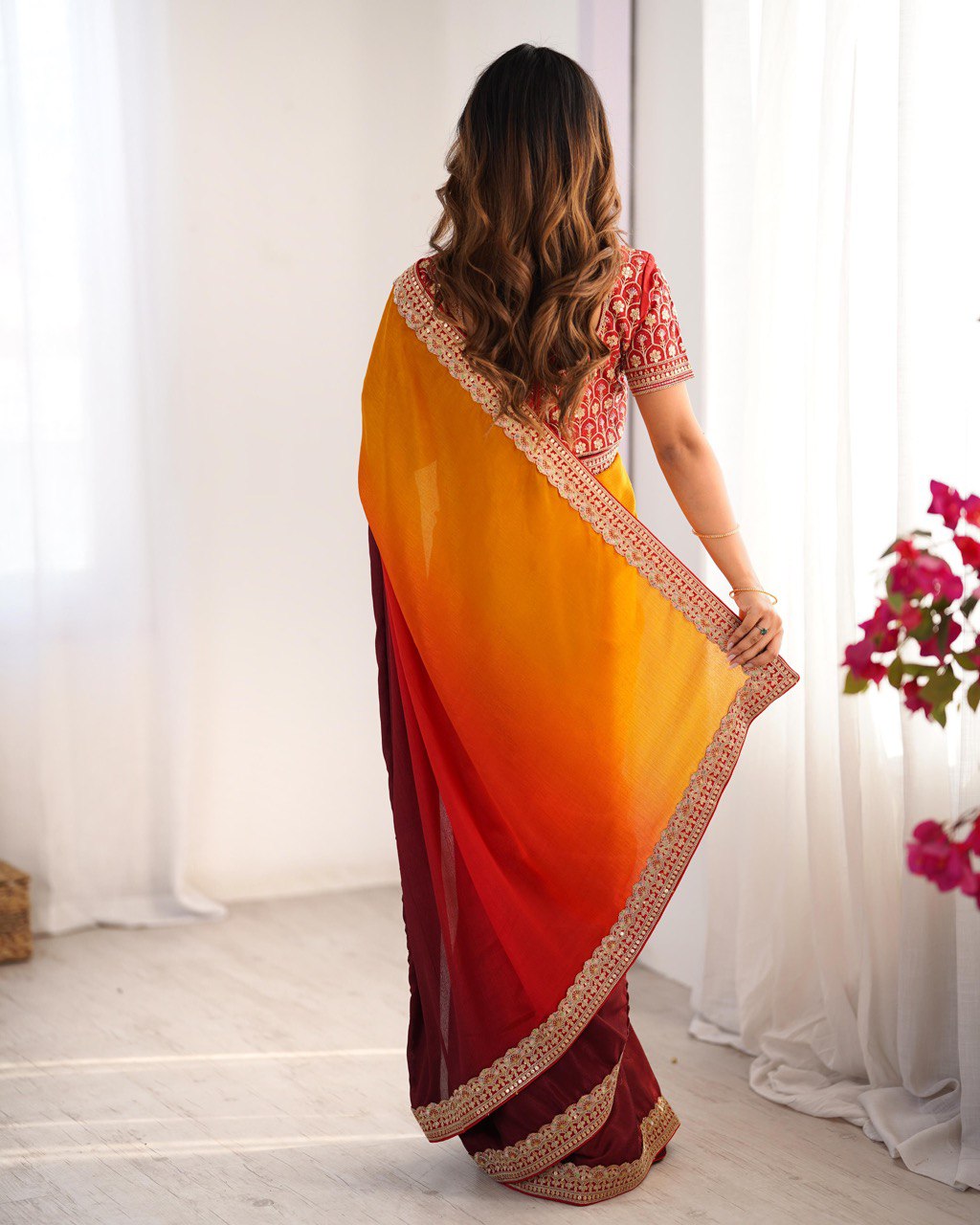 Women's Elegant Ombre Green Georgette Saree with Intricate Golden Zari & Stone Embellishments – Complete with Heavily Worked Blouse for Festive & Wedding Wear