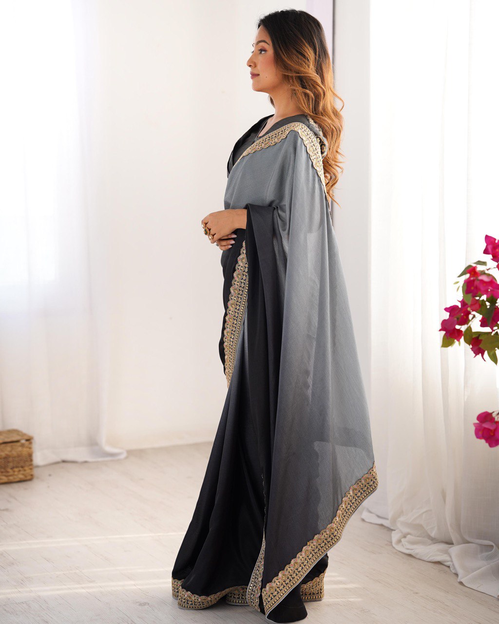 Women's Elegant Ombre Green Georgette Saree with Intricate Golden Zari & Stone Embellishments – Complete with Heavily Worked Blouse for Festive & Wedding Wear