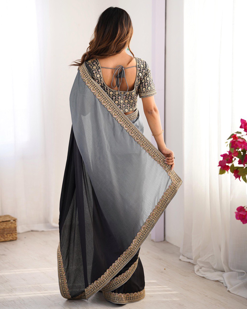 Women's Elegant Ombre Green Georgette Saree with Intricate Golden Zari & Stone Embellishments – Complete with Heavily Worked Blouse for Festive & Wedding Wear