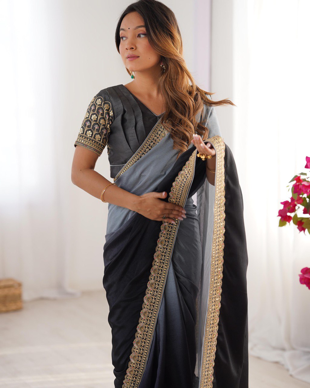 Women's Elegant Ombre Green Georgette Saree with Intricate Golden Zari & Stone Embellishments – Complete with Heavily Worked Blouse for Festive & Wedding Wear