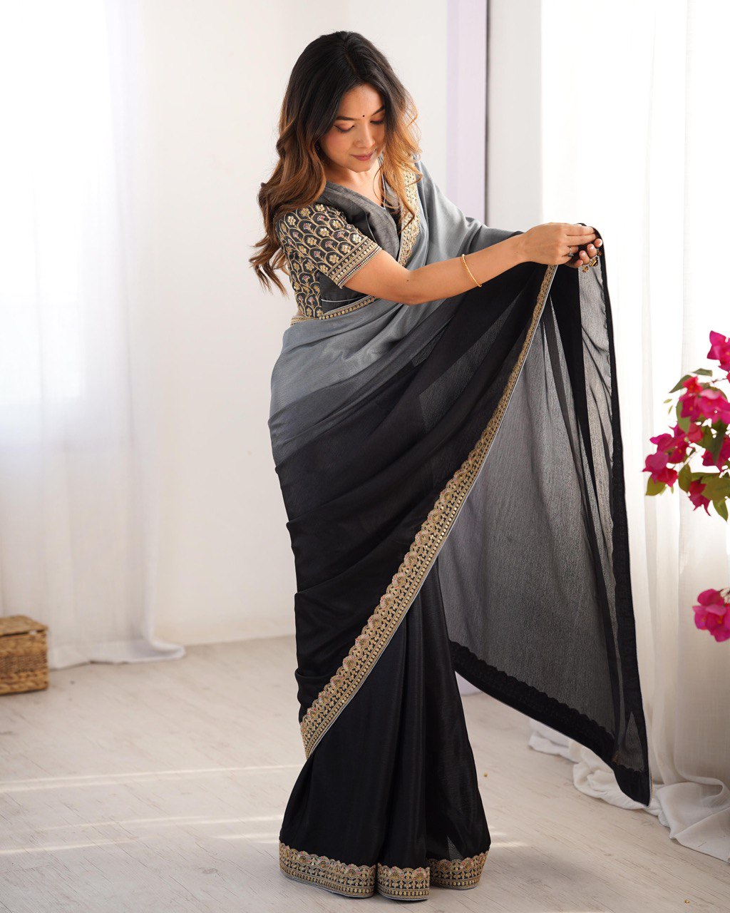 Women's Elegant Ombre Green Georgette Saree with Intricate Golden Zari & Stone Embellishments – Complete with Heavily Worked Blouse for Festive & Wedding Wear