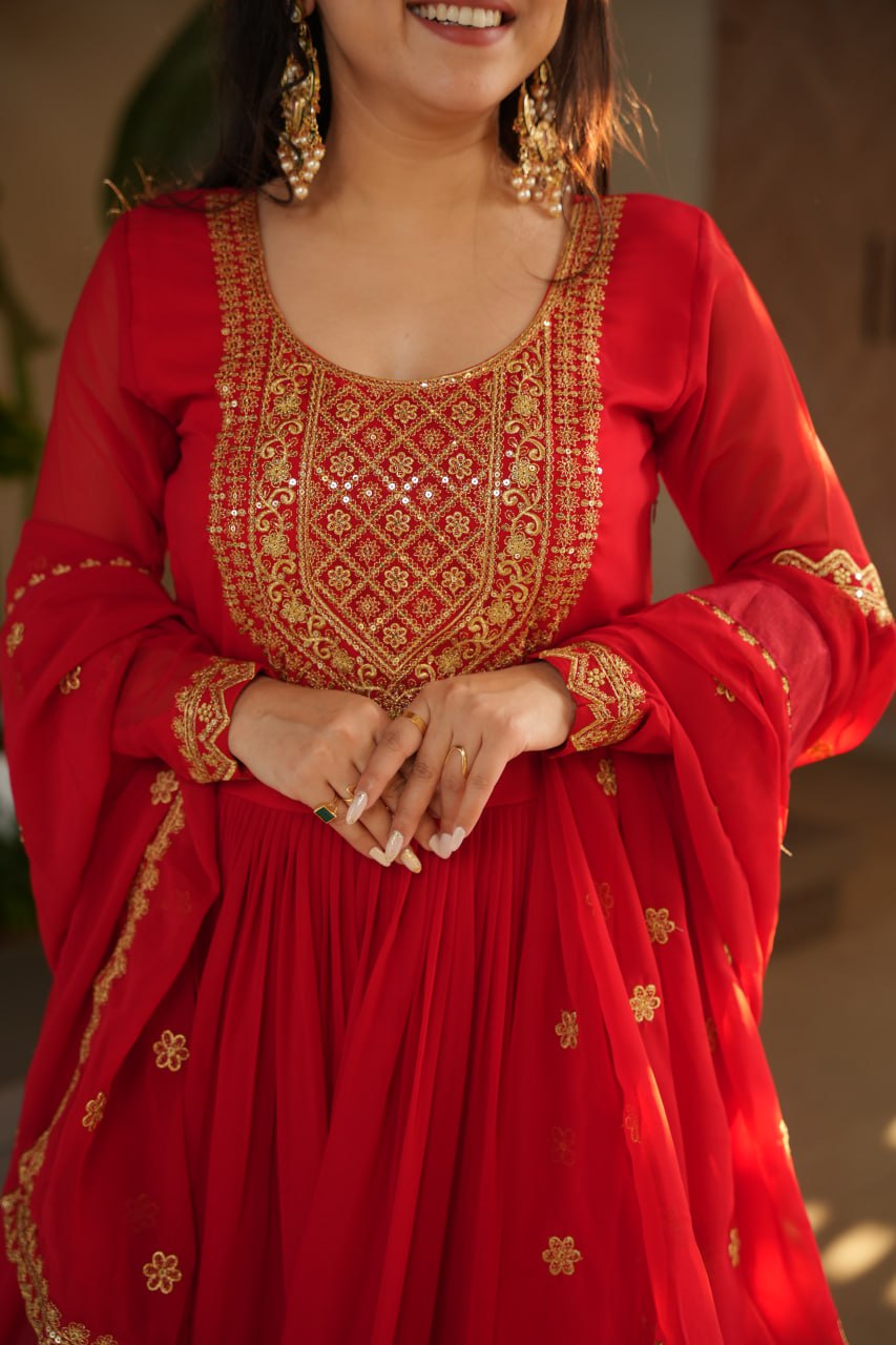 Women's Radiant Red Anarkali Suit Set with Golden Zari & Sequin Embroidery – Perfect for Festive & Wedding Occasions