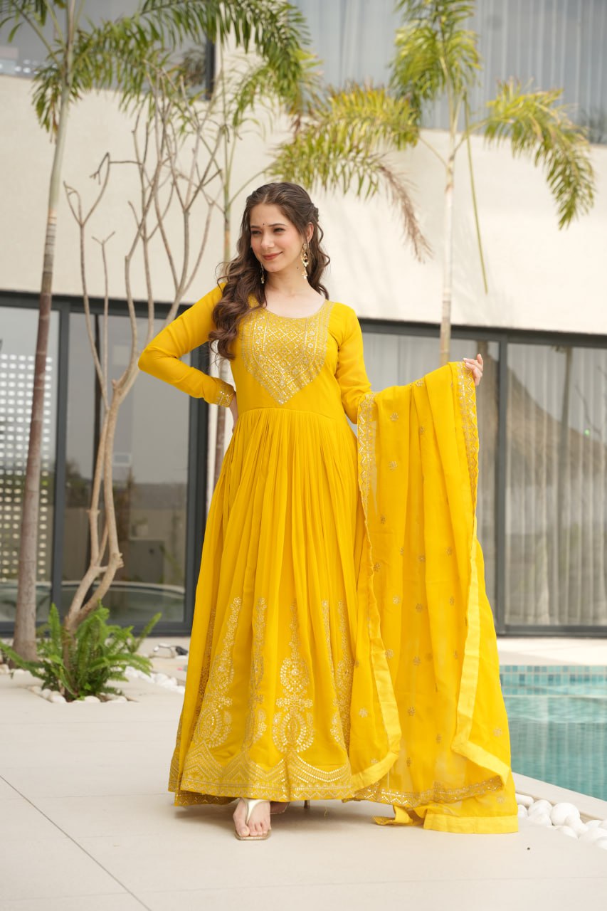 Women's Radiant Red Anarkali Suit Set with Golden Zari & Sequin Embroidery – Perfect for Festive & Wedding Occasions