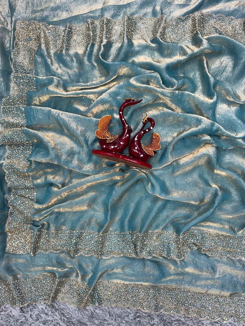 Women's Shimmering Ice Blue Georgette Saree with All-Over Diamond & Sequin Embellishments – Complete with Heavily Worked Border for Festive & Wedding Wear