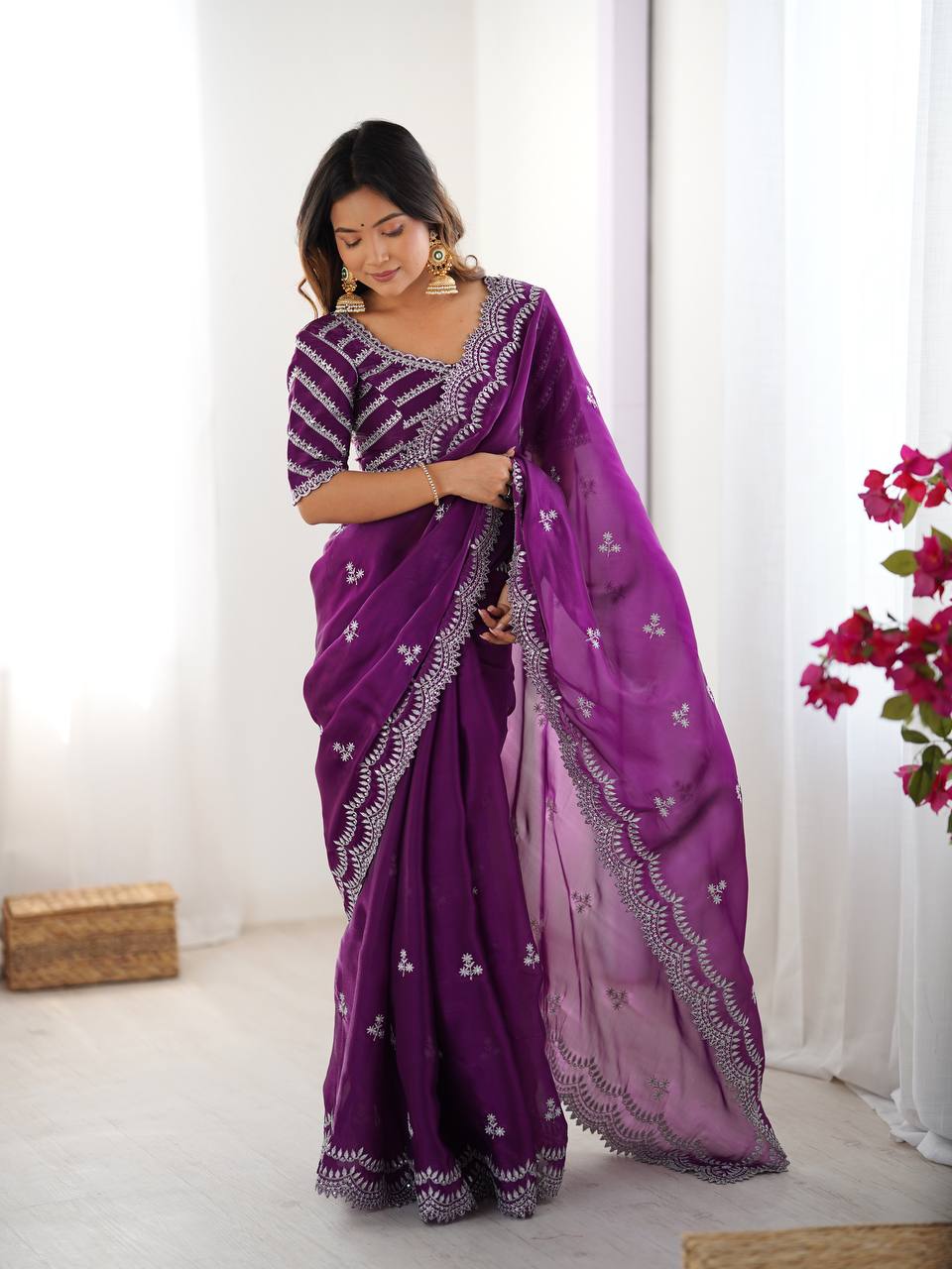 Women's Elegant Regal Purple Georgette Saree with Intricate Silver Thread & Sequin Embroidery – Complete with Embellished Blouse Piece for Festive & Party Wear