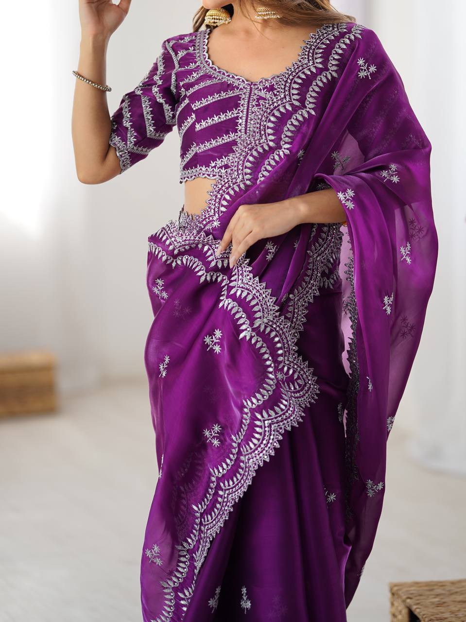 Women's Elegant Regal Purple Georgette Saree with Intricate Silver Thread & Sequin Embroidery – Complete with Embellished Blouse Piece for Festive & Party Wear
