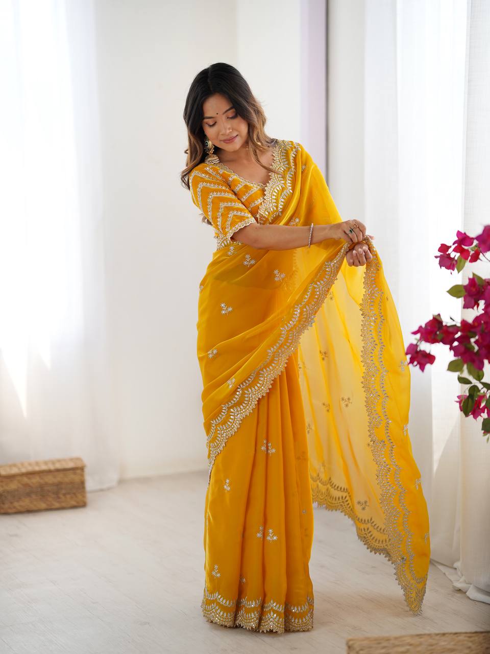 Women's Elegant Regal Purple Georgette Saree with Intricate Silver Thread & Sequin Embroidery – Complete with Embellished Blouse Piece for Festive & Party Wear