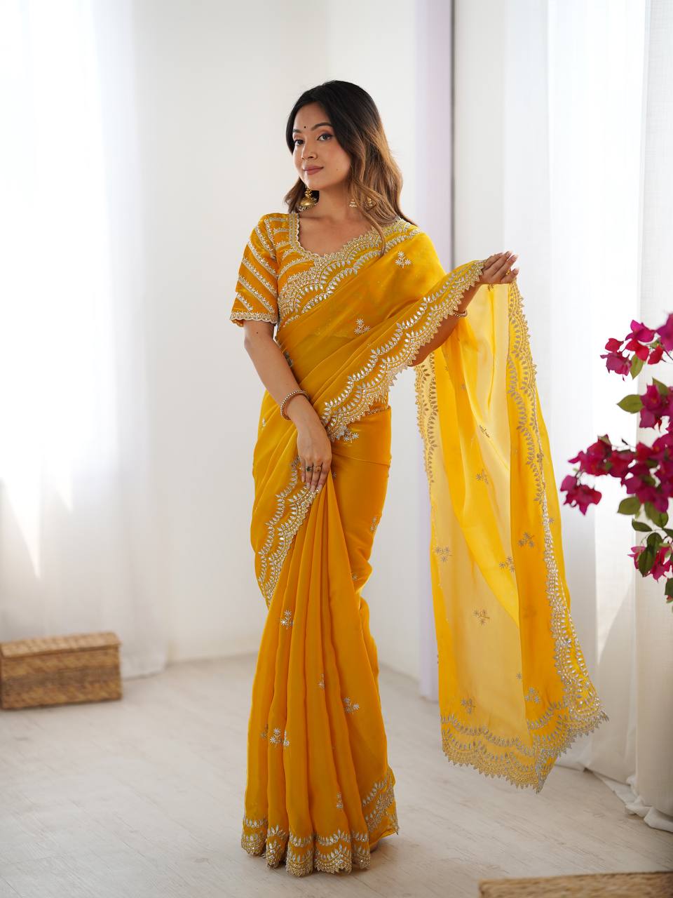 Women's Elegant Regal Purple Georgette Saree with Intricate Silver Thread & Sequin Embroidery – Complete with Embellished Blouse Piece for Festive & Party Wear