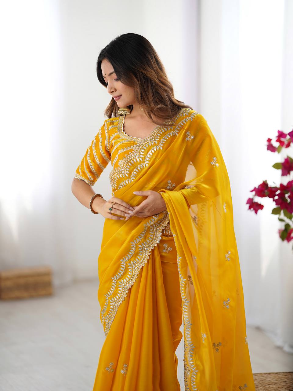 Women's Elegant Regal Purple Georgette Saree with Intricate Silver Thread & Sequin Embroidery – Complete with Embellished Blouse Piece for Festive & Party Wear