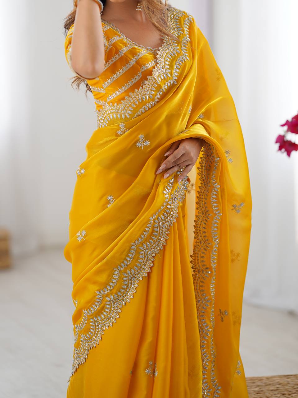 Women's Elegant Regal Purple Georgette Saree with Intricate Silver Thread & Sequin Embroidery – Complete with Embellished Blouse Piece for Festive & Party Wear