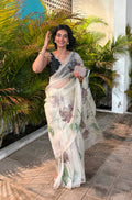 Women's Exquisite Lavender & White Organza Saree with Hand-Painted Lotus Floral Motifs & Gold Embellished Border – Complete with Matching Printed Blouse for Festive & Special Occasions