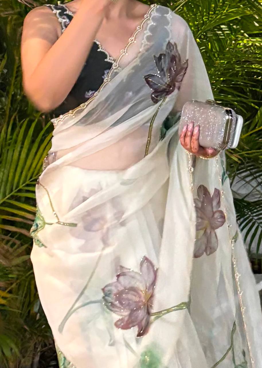 Women's Exquisite Lavender & White Organza Saree with Hand-Painted Lotus Floral Motifs & Gold Embellished Border – Complete with Matching Printed Blouse for Festive & Special Occasions