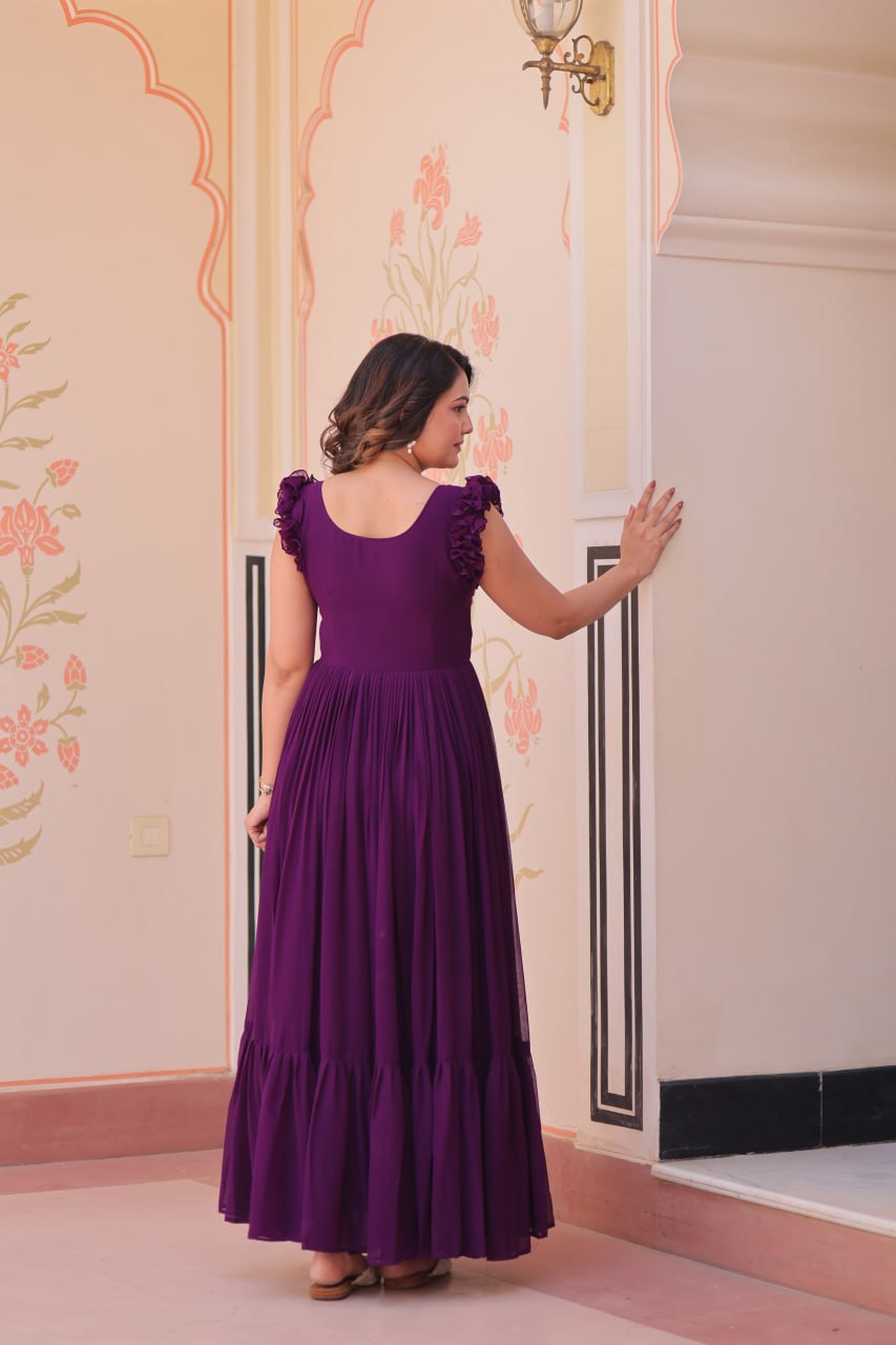 Women's Elegant Plum Purple Georgette Anarkali Gown with Butterfly Applique & Ruffle Sleeves – Festive & Special Occasion Wear