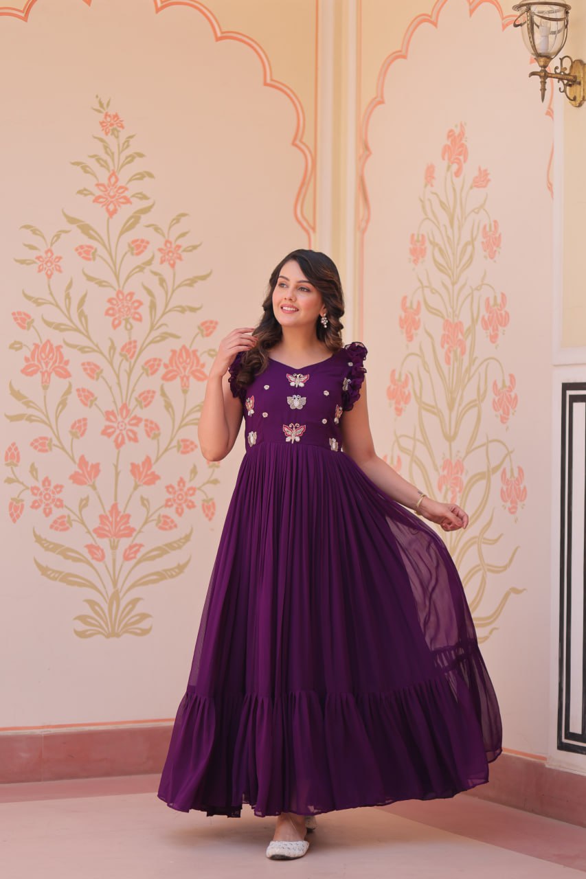 Women's Elegant Plum Purple Georgette Anarkali Gown with Butterfly Applique & Ruffle Sleeves – Festive & Special Occasion Wear