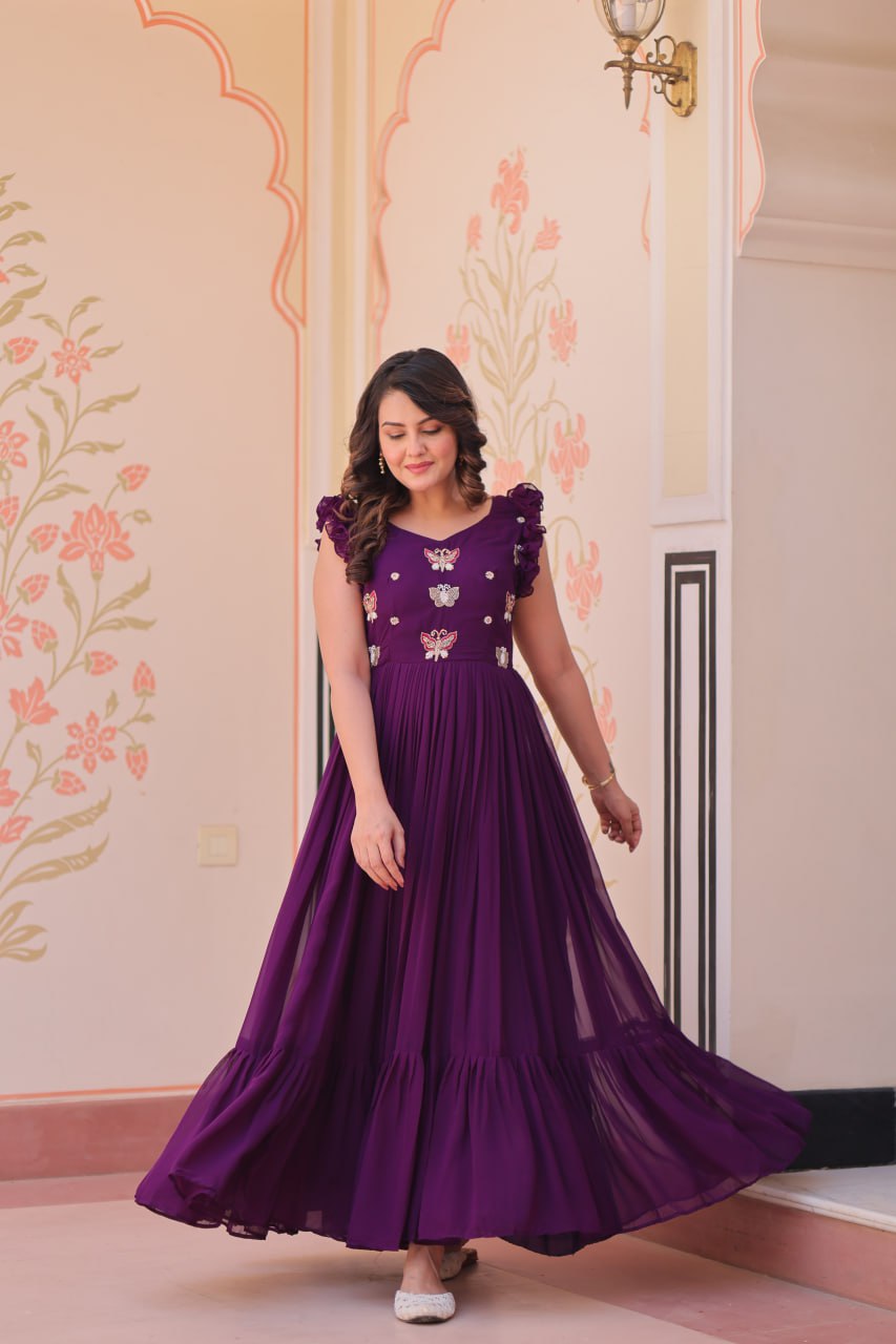 Women's Elegant Plum Purple Georgette Anarkali Gown with Butterfly Applique & Ruffle Sleeves – Festive & Special Occasion Wear