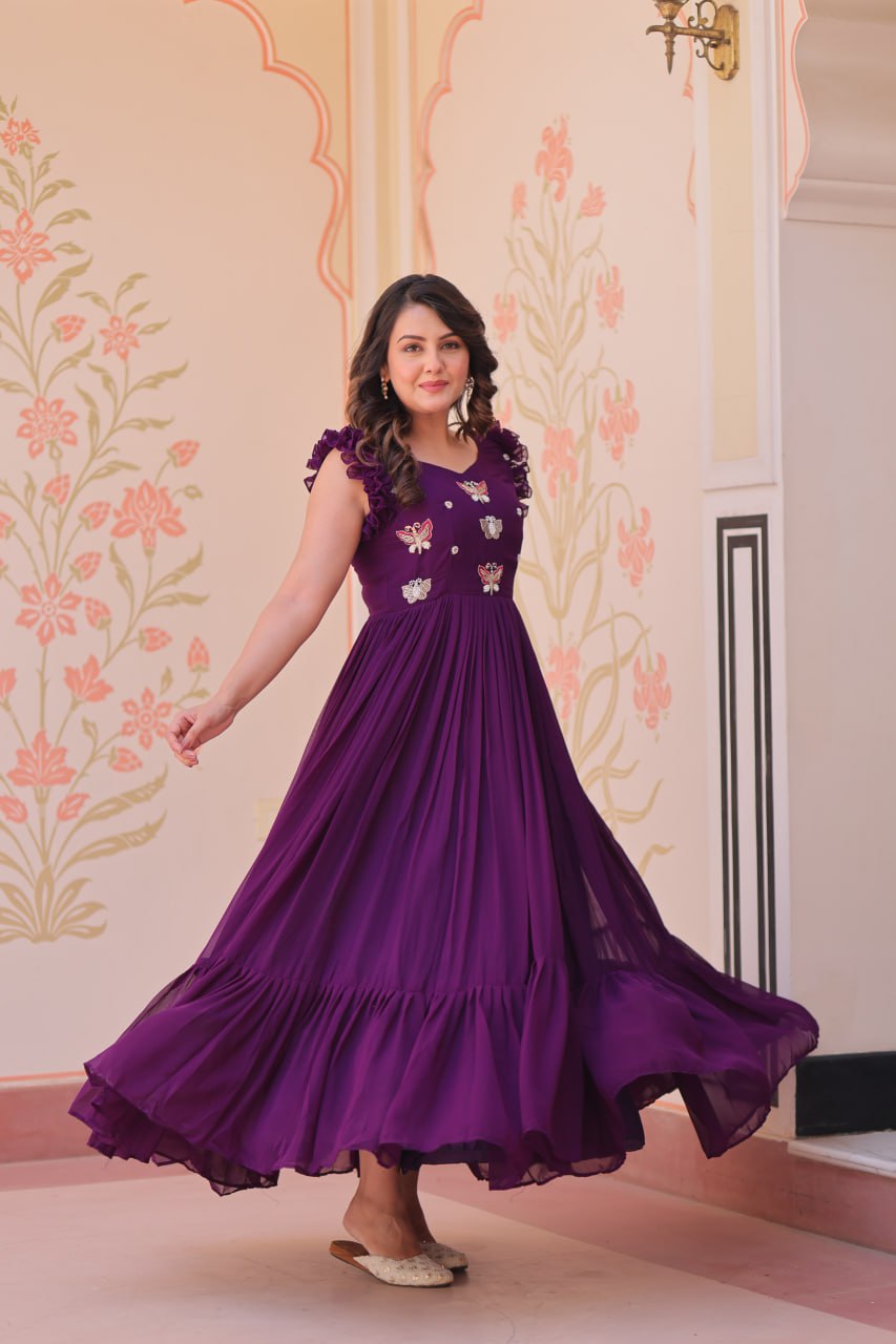Women's Elegant Plum Purple Georgette Anarkali Gown with Butterfly Applique & Ruffle Sleeves – Festive & Special Occasion Wear