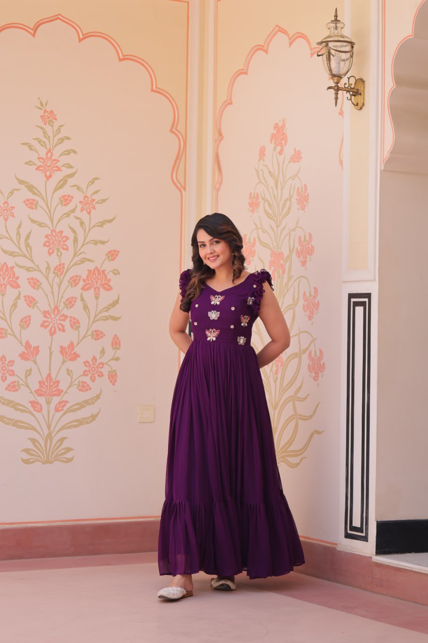 Women's Elegant Plum Purple Georgette Anarkali Gown with Butterfly Applique & Ruffle Sleeves – Festive & Special Occasion Wear