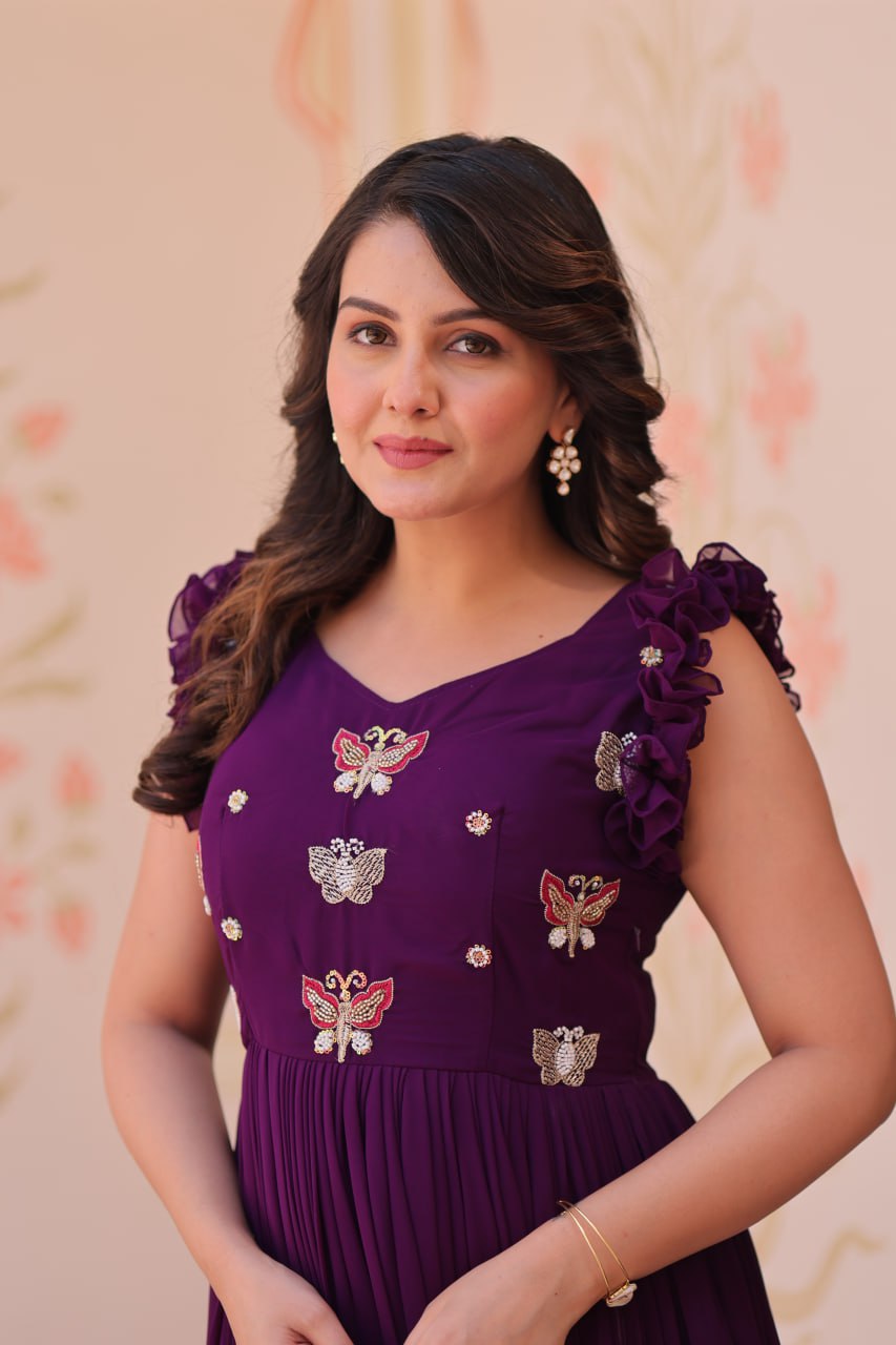 Women's Elegant Plum Purple Georgette Anarkali Gown with Butterfly Applique & Ruffle Sleeves – Festive & Special Occasion Wear