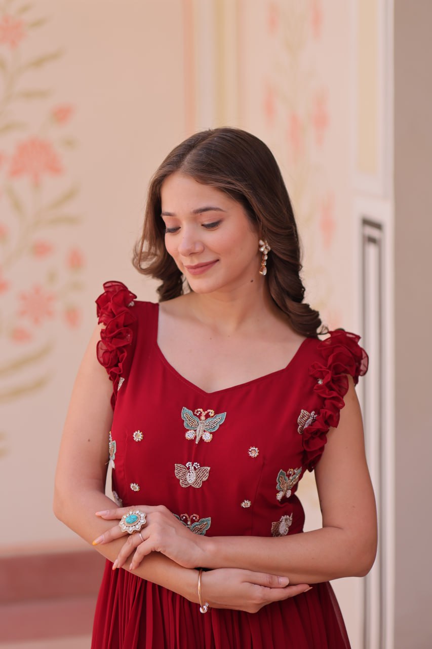 Women's Elegant Plum Purple Georgette Anarkali Gown with Butterfly Applique & Ruffle Sleeves – Festive & Special Occasion Wear