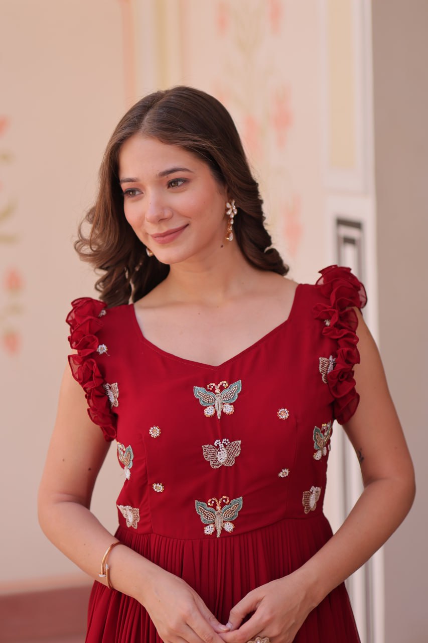 Women's Elegant Plum Purple Georgette Anarkali Gown with Butterfly Applique & Ruffle Sleeves – Festive & Special Occasion Wear