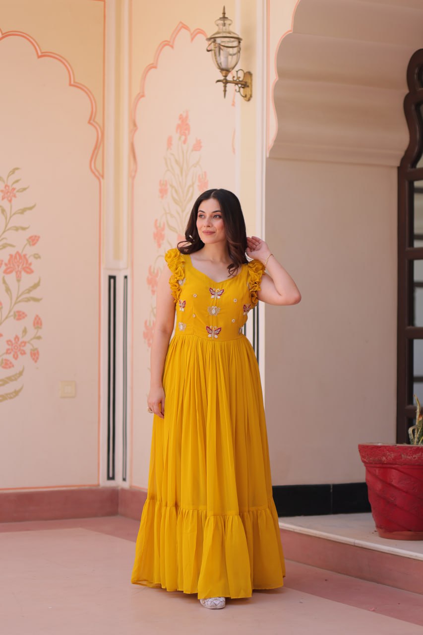 Women's Elegant Plum Purple Georgette Anarkali Gown with Butterfly Applique & Ruffle Sleeves – Festive & Special Occasion Wear