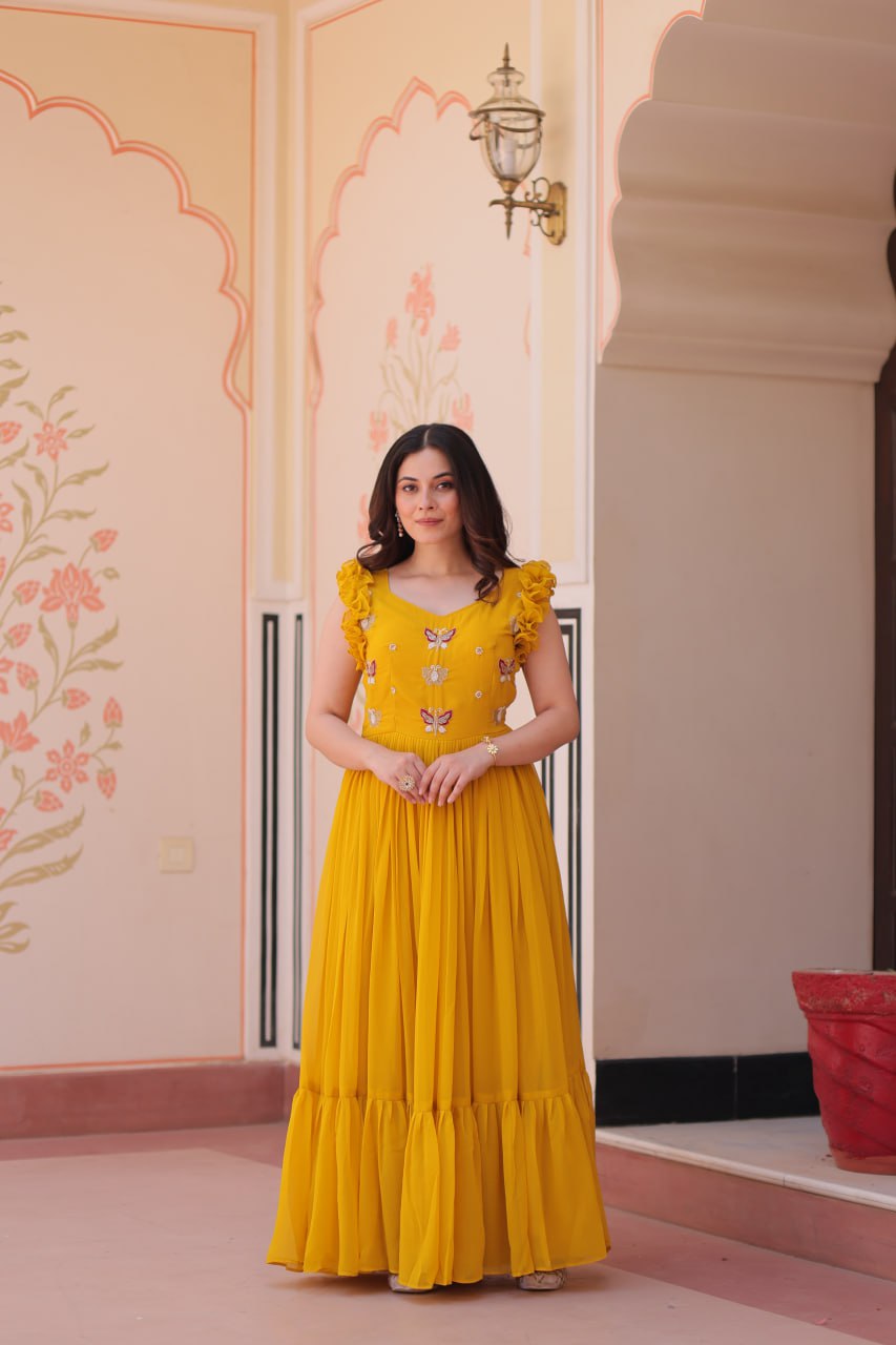 Women's Elegant Plum Purple Georgette Anarkali Gown with Butterfly Applique & Ruffle Sleeves – Festive & Special Occasion Wear