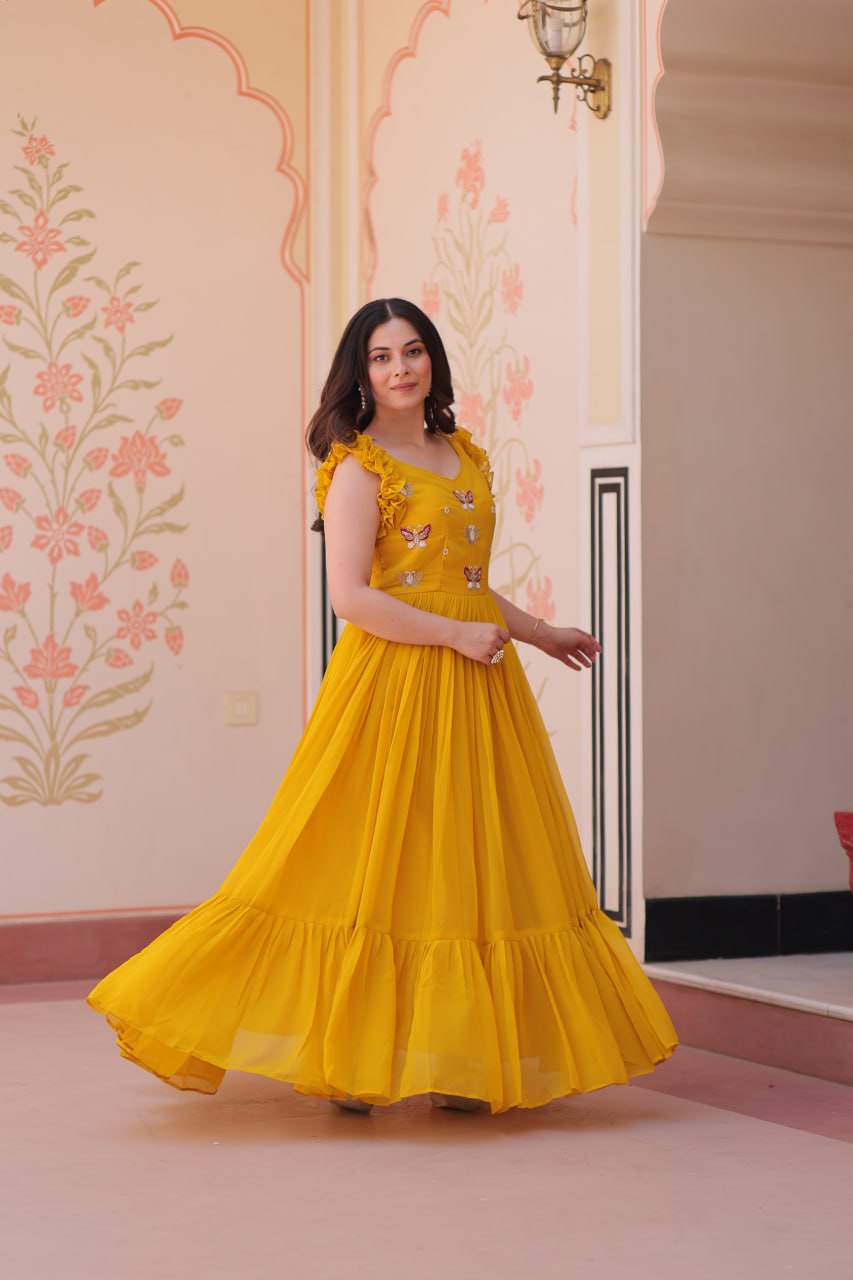 Women's Elegant Plum Purple Georgette Anarkali Gown with Butterfly Applique & Ruffle Sleeves – Festive & Special Occasion Wear