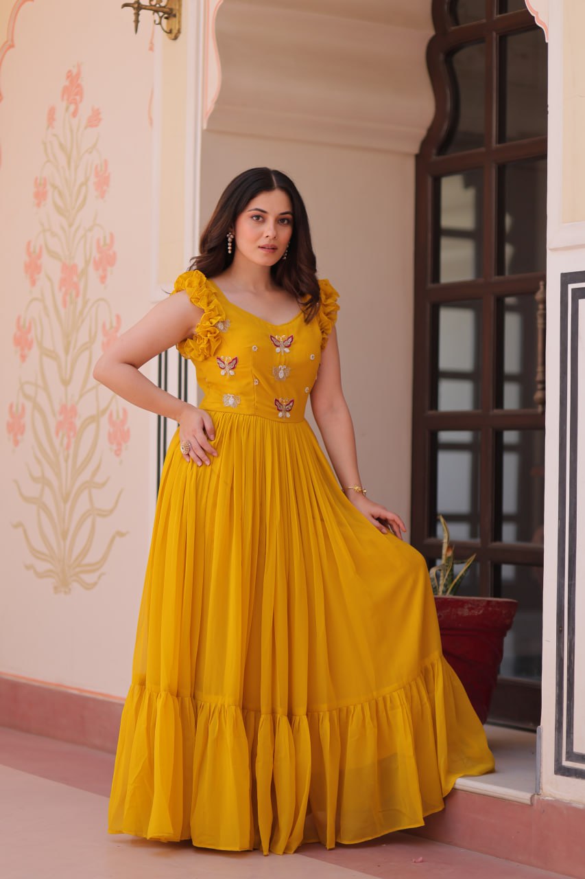 Women's Elegant Plum Purple Georgette Anarkali Gown with Butterfly Applique & Ruffle Sleeves – Festive & Special Occasion Wear