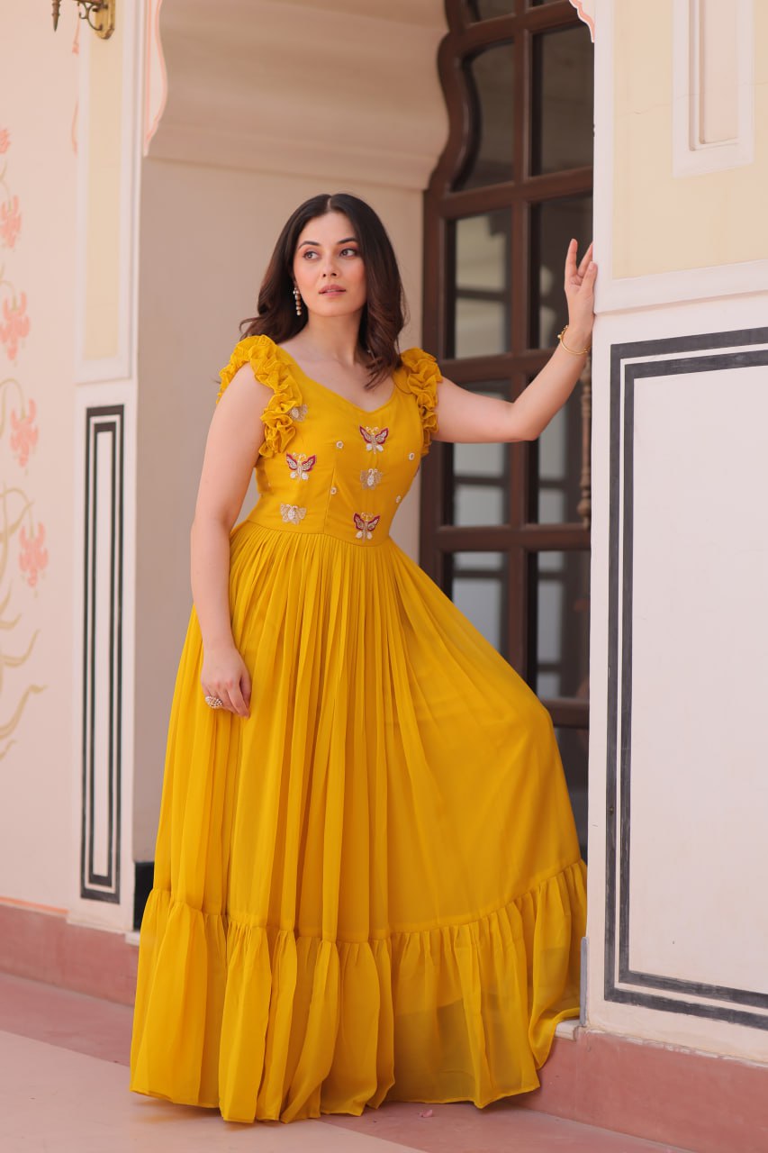 Women's Elegant Plum Purple Georgette Anarkali Gown with Butterfly Applique & Ruffle Sleeves – Festive & Special Occasion Wear