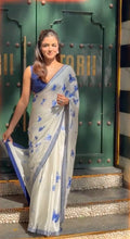 Women's Chic Snow White Georgette Saree with Vibrant Blue Butterfly Digital Print & Contrasting Border – Perfect for Casual Outings & Day Events