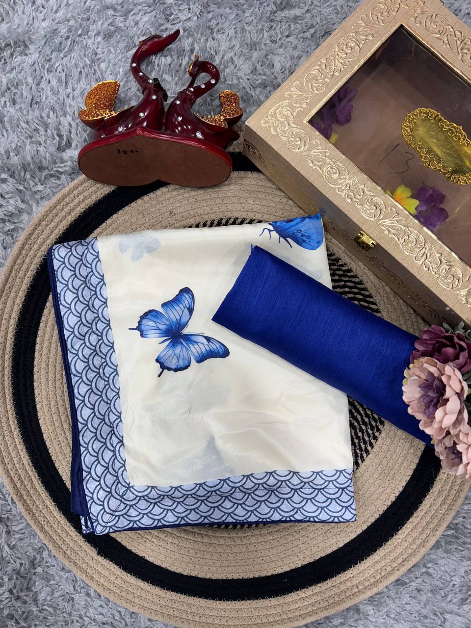 Women's Chic Snow White Georgette Saree with Vibrant Blue Butterfly Digital Print & Contrasting Border – Perfect for Casual Outings & Day Events