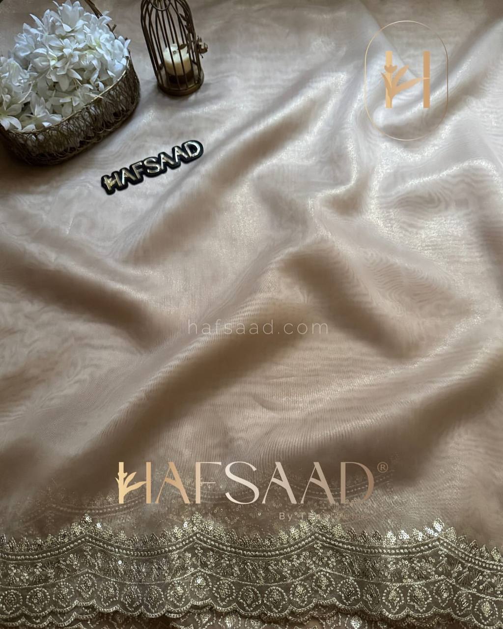 Luxurious Ivory Organza Dupatta with Heavy Golden Sequin & Zari Cutwork Border – Perfect for Weddings & Festive Layering