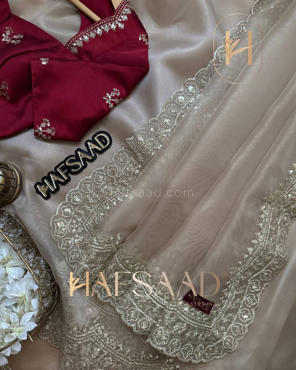 Luxurious Ivory Organza Dupatta with Heavy Golden Sequin & Zari Cutwork Border – Perfect for Weddings & Festive Layering