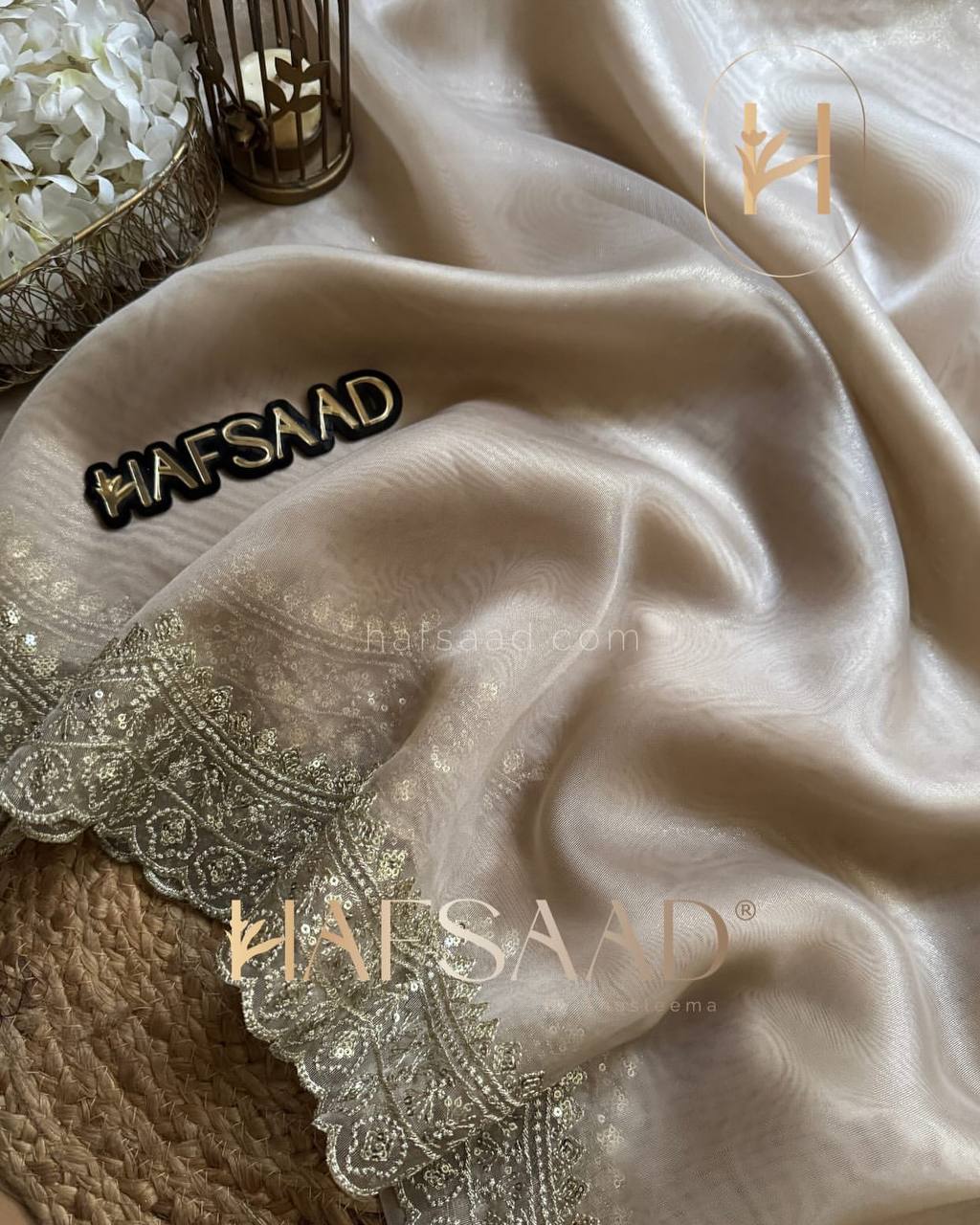 Luxurious Ivory Organza Dupatta with Heavy Golden Sequin & Zari Cutwork Border – Perfect for Weddings & Festive Layering