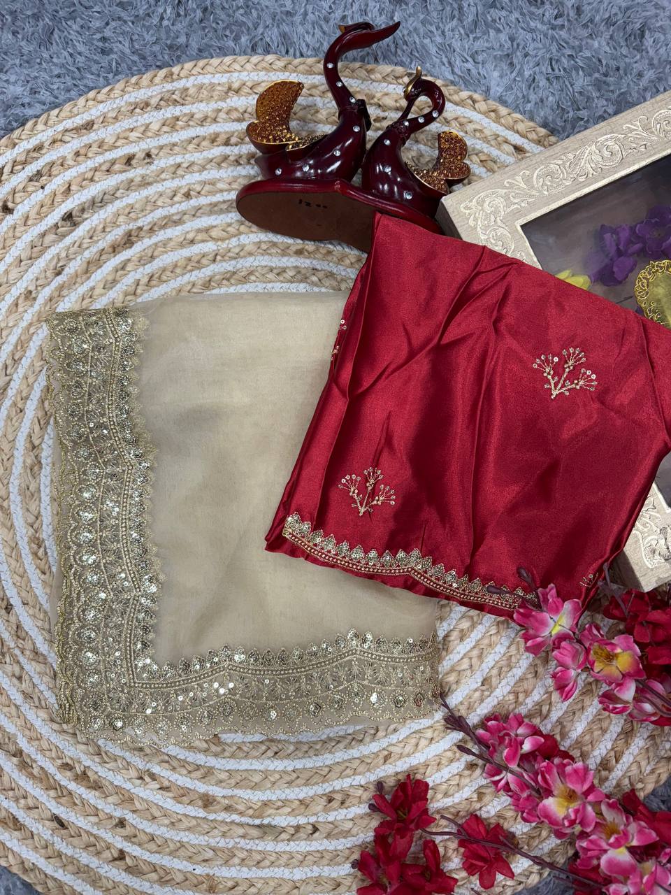 Luxurious Ivory Organza Dupatta with Heavy Golden Sequin & Zari Cutwork Border – Perfect for Weddings & Festive Layering
