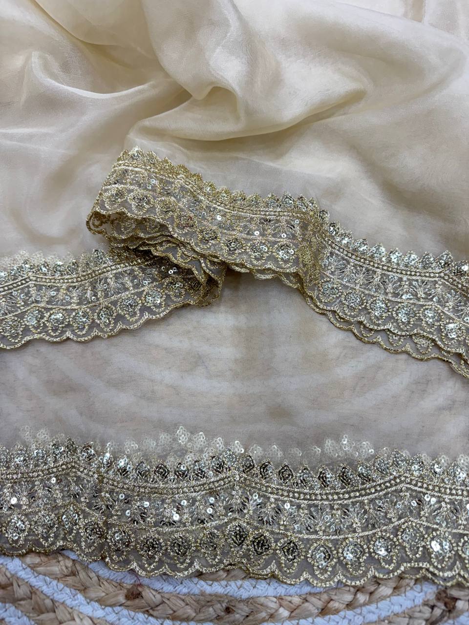 Luxurious Ivory Organza Dupatta with Heavy Golden Sequin & Zari Cutwork Border – Perfect for Weddings & Festive Layering