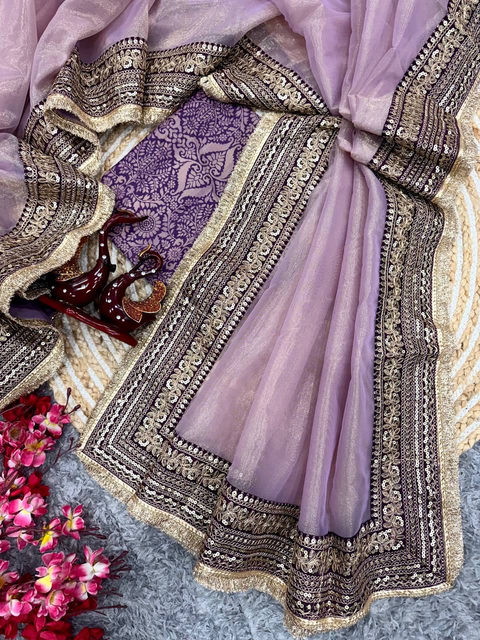 Women's Luxurious Mauve & Purple Art Silk Saree with Intricate Golden Zari & Broad Embroidered Border – Complete with Brocade Blouse for Festive & Wedding Wear