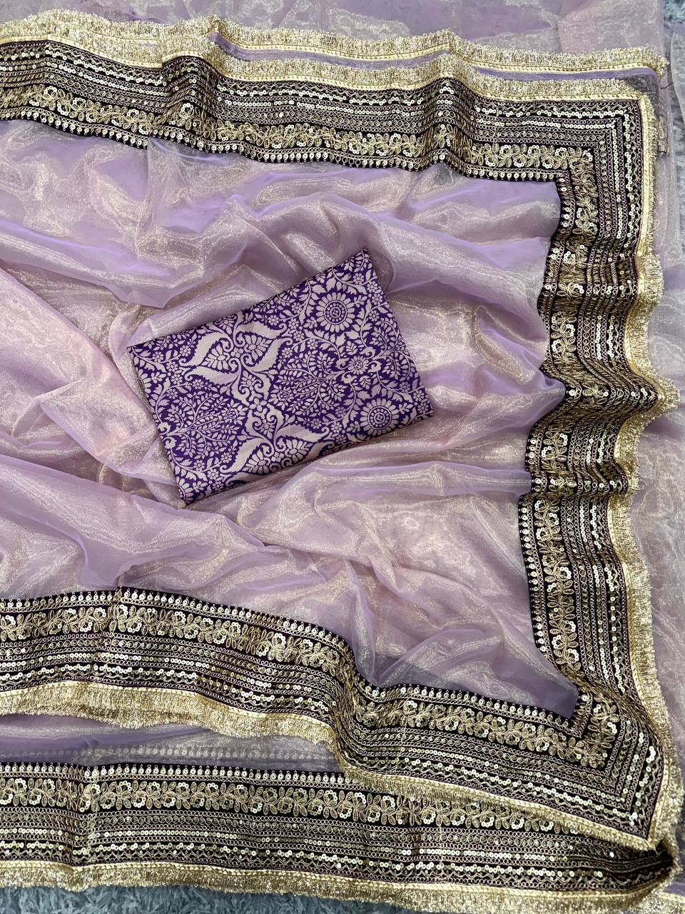 Women's Luxurious Mauve & Purple Art Silk Saree with Intricate Golden Zari & Broad Embroidered Border – Complete with Brocade Blouse for Festive & Wedding Wear