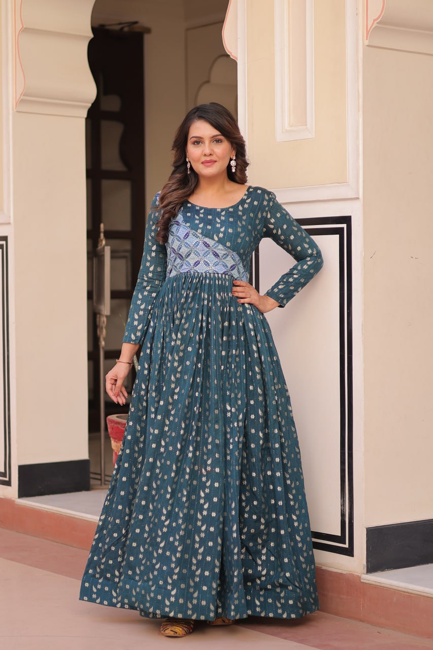 Women's Festive Berry Purple Printed Anarkali Gown with Intricate Zari Work & Embellished Yoke – Perfect for Traditional & Celebration Wear