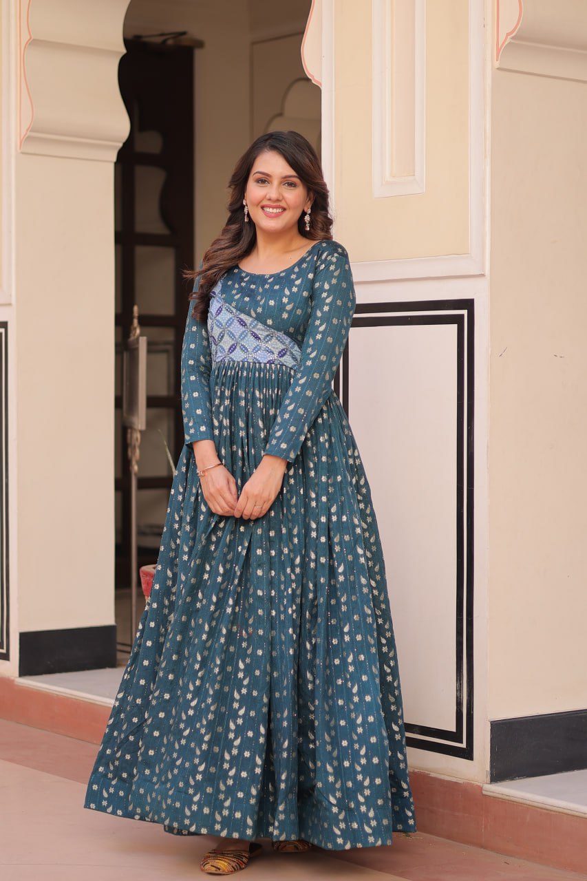 Women's Festive Berry Purple Printed Anarkali Gown with Intricate Zari Work & Embellished Yoke – Perfect for Traditional & Celebration Wear