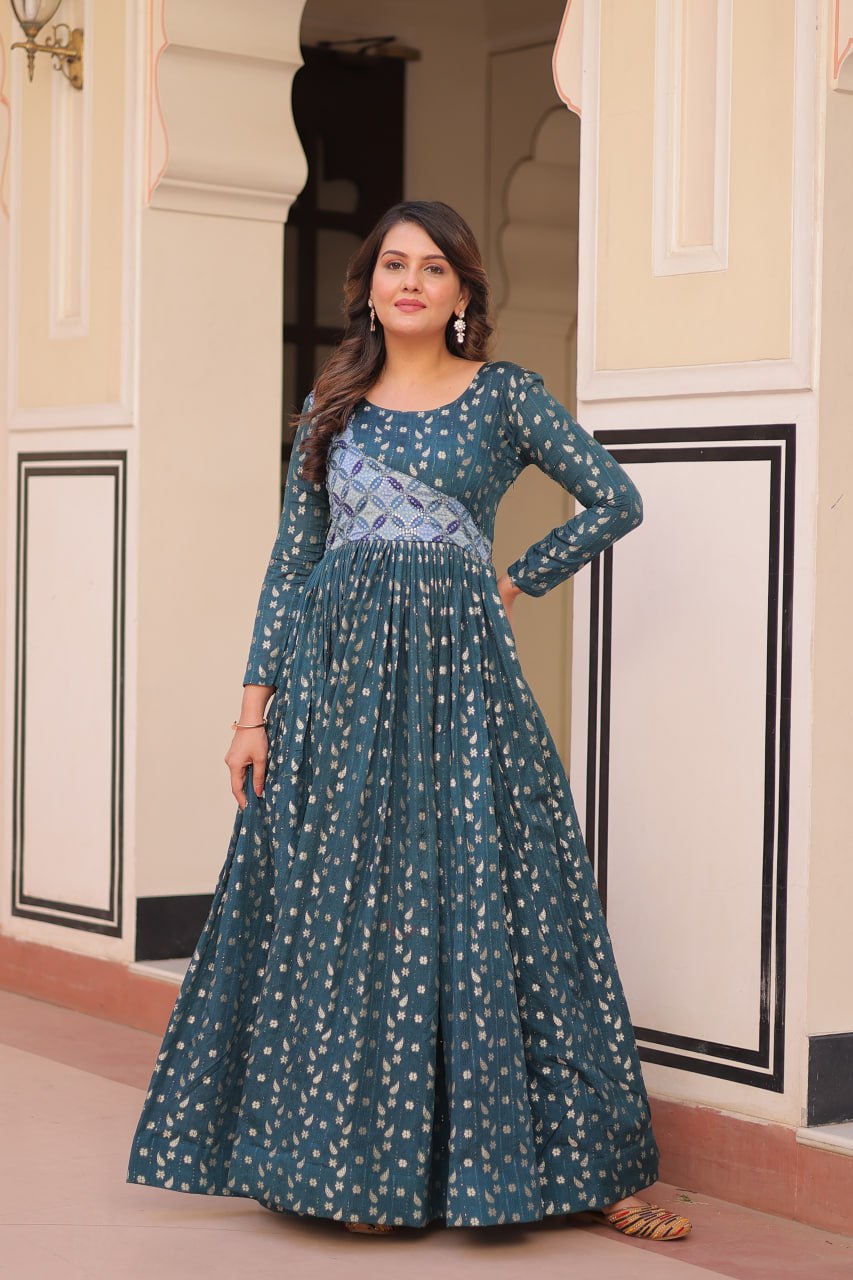Women's Festive Berry Purple Printed Anarkali Gown with Intricate Zari Work & Embellished Yoke – Perfect for Traditional & Celebration Wear