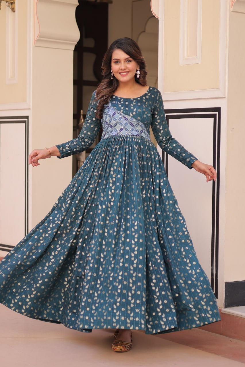 Women's Festive Berry Purple Printed Anarkali Gown with Intricate Zari Work & Embellished Yoke – Perfect for Traditional & Celebration Wear